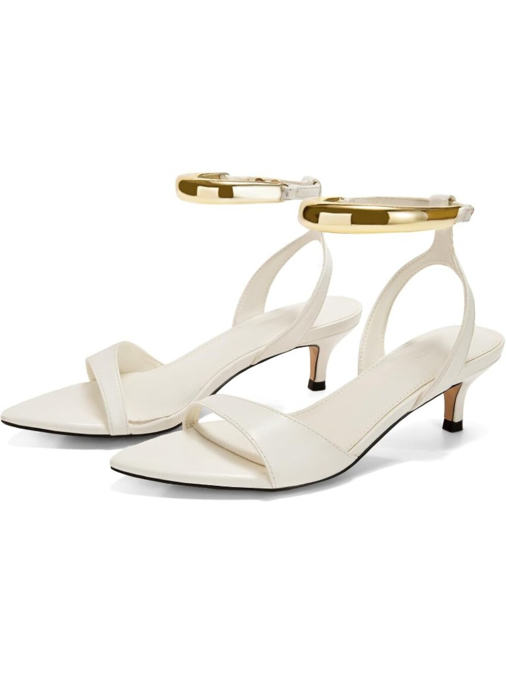 Women's White Low Kitten Heels Sandals Strappy Pointed Open Toe One Strap Metal